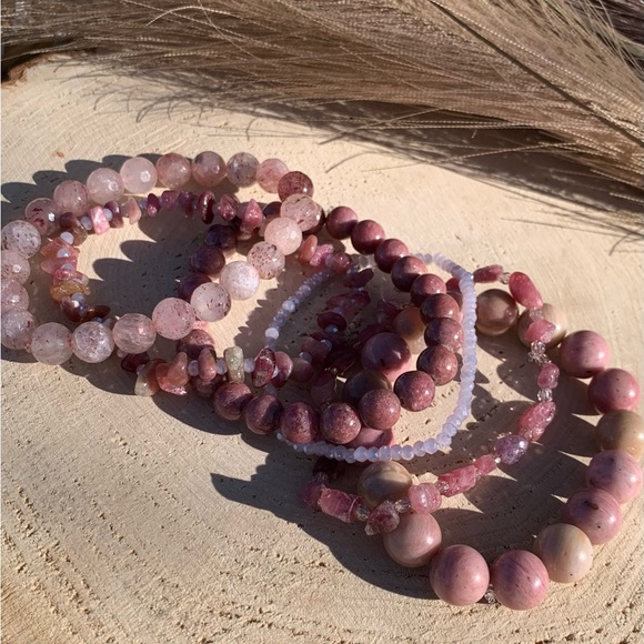Natural Strawberry Quartz, Pink Rhodonite & Raw Tourmaline Gemstone Bracelets - Picture 13 of 15
